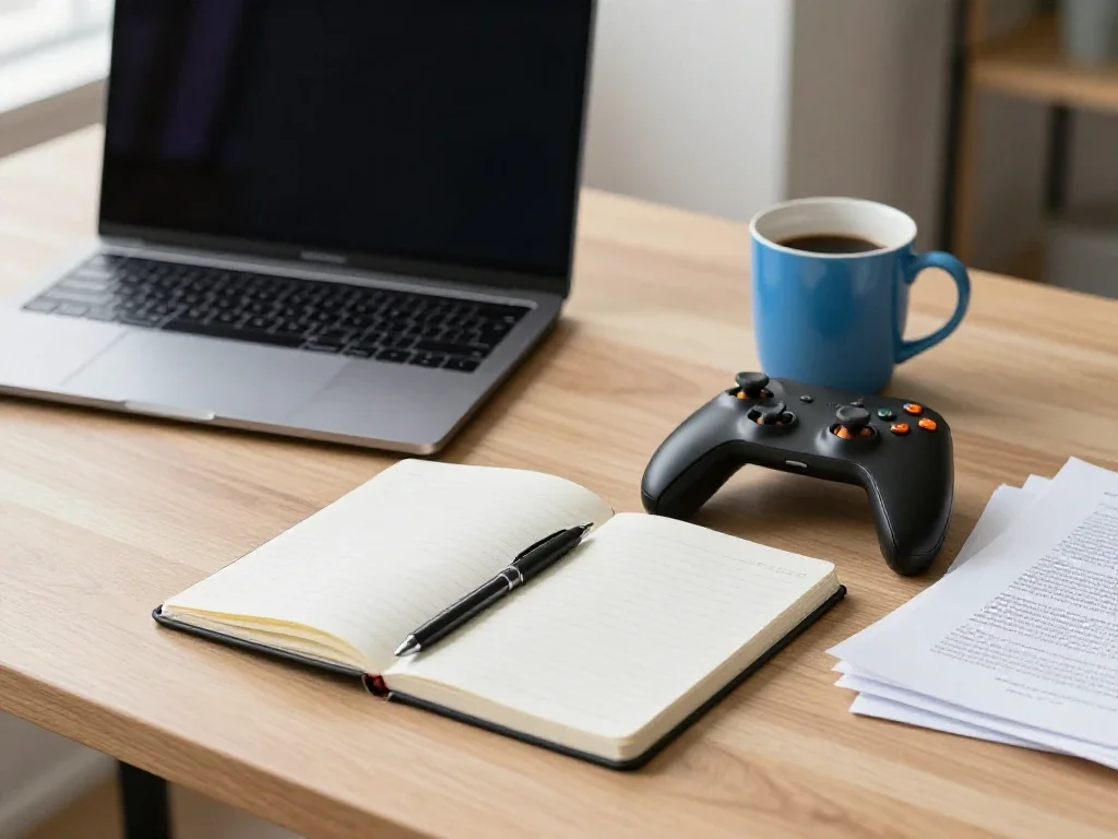 Bureau de rédaction avec carnet et manette illustrant l'équilibre entre travail et loisirs numériques.
