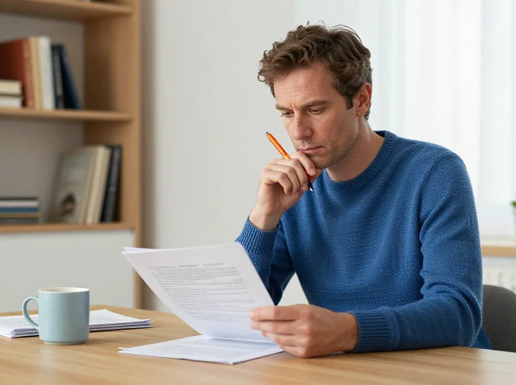Un homme analyse des documents pour illustrer la réflexion nécessaire avant de décider.